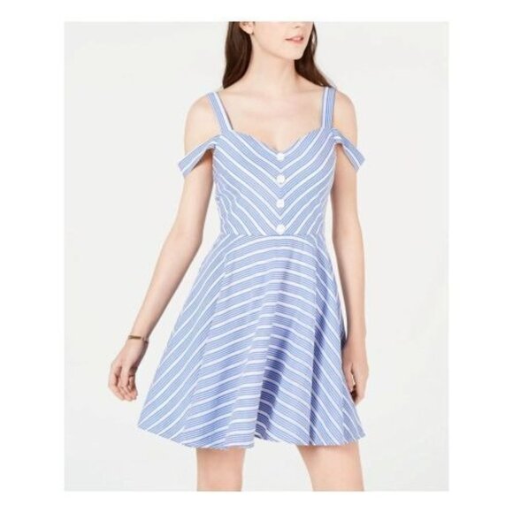 City Studio Blue Striped Sleeveless V Neck Above Knee Fit Flare Dress Juniors 11 - Picture 1 of 3